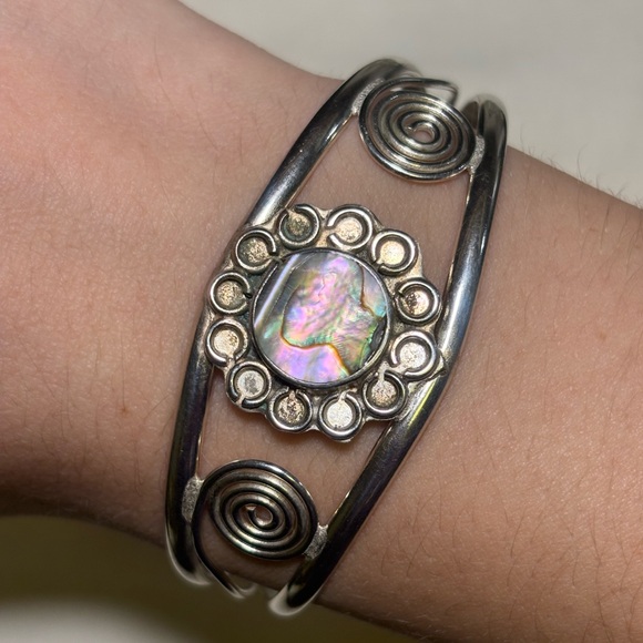 Vintage Jewelry - Vintage Iridescent Abalone Shell Alpaca Silver Festival Cuff Bracelet